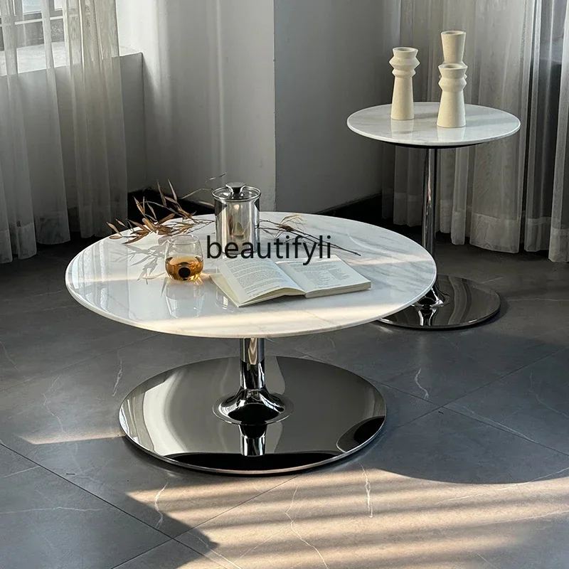 

Coffee table natural marble edge stainless steel round light luxury tea table