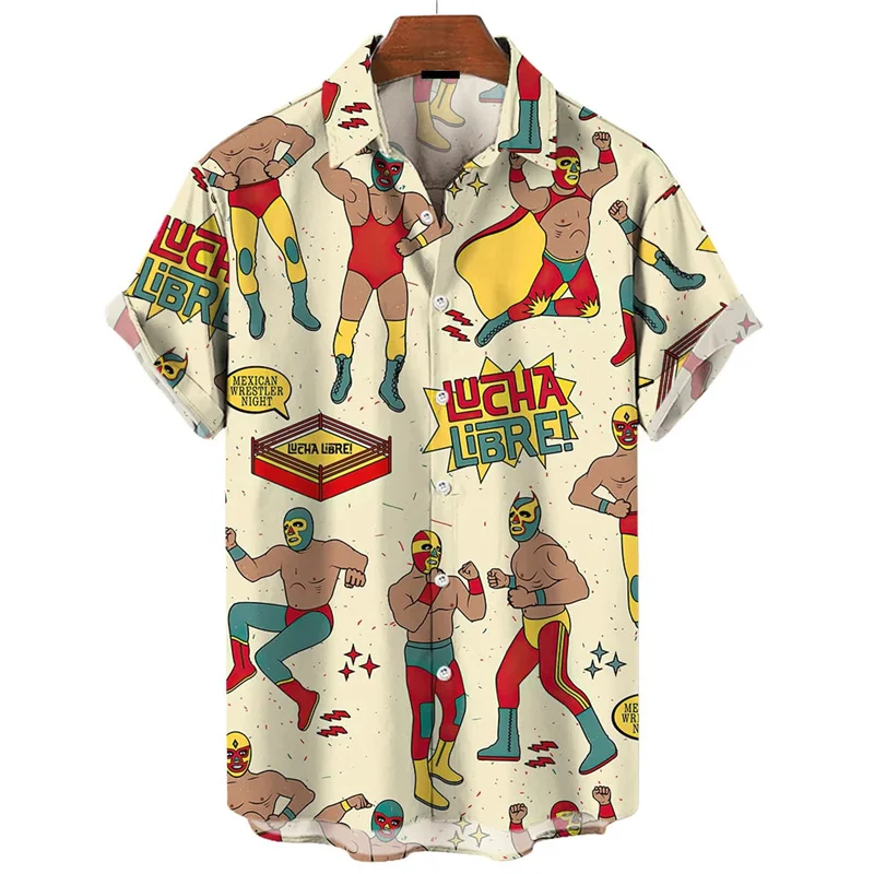 3D Printed Mexican Wrestling Hawaiian Shirt For Men Retro Graphic Blouse Summer Fashion Oversized Lapel Button Tops Beach Shirts