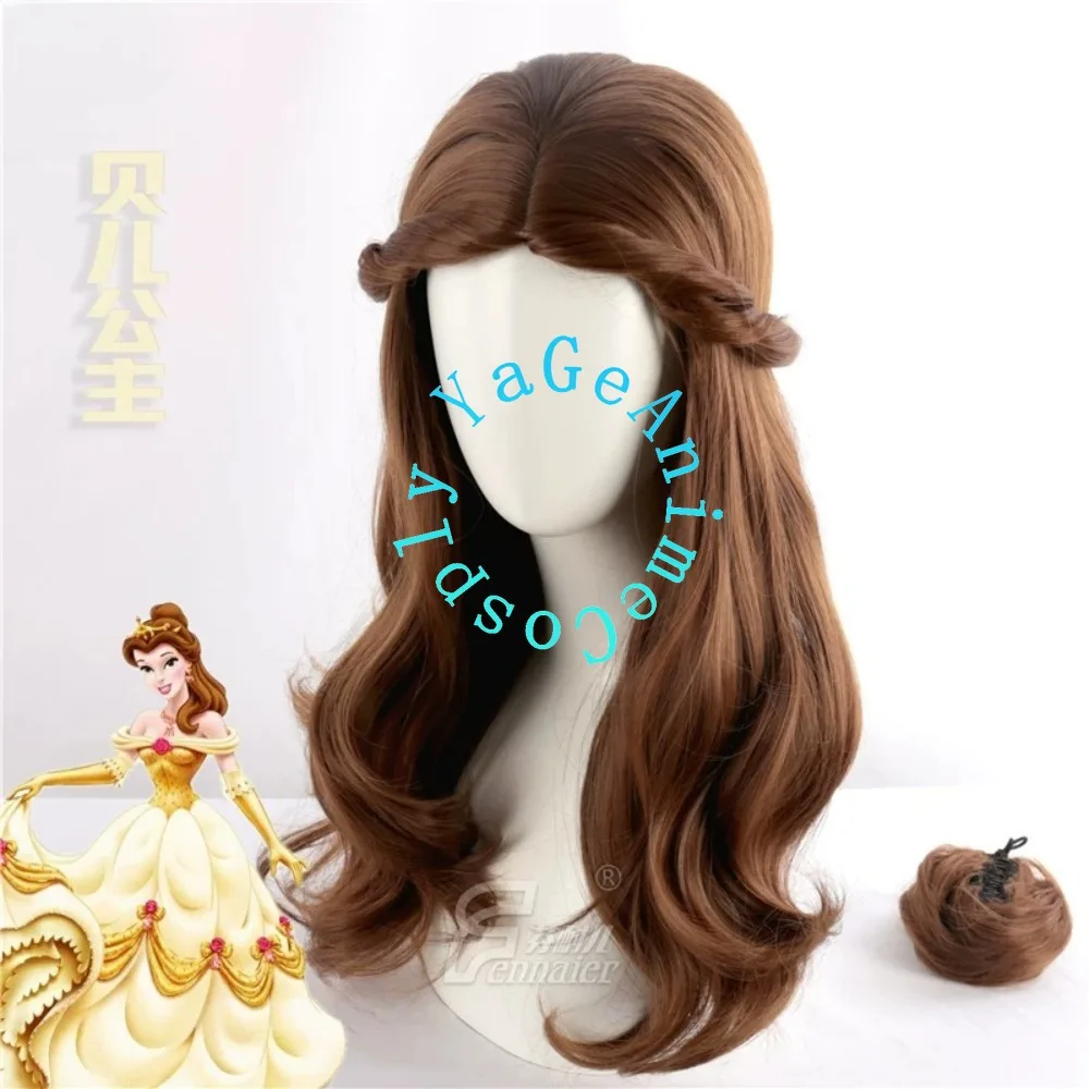 Movie Princess Belle Cosplay Wig Brown Long Curly Hair Heat Resistant Synthetic Wig Costume Party Role Play Carnival