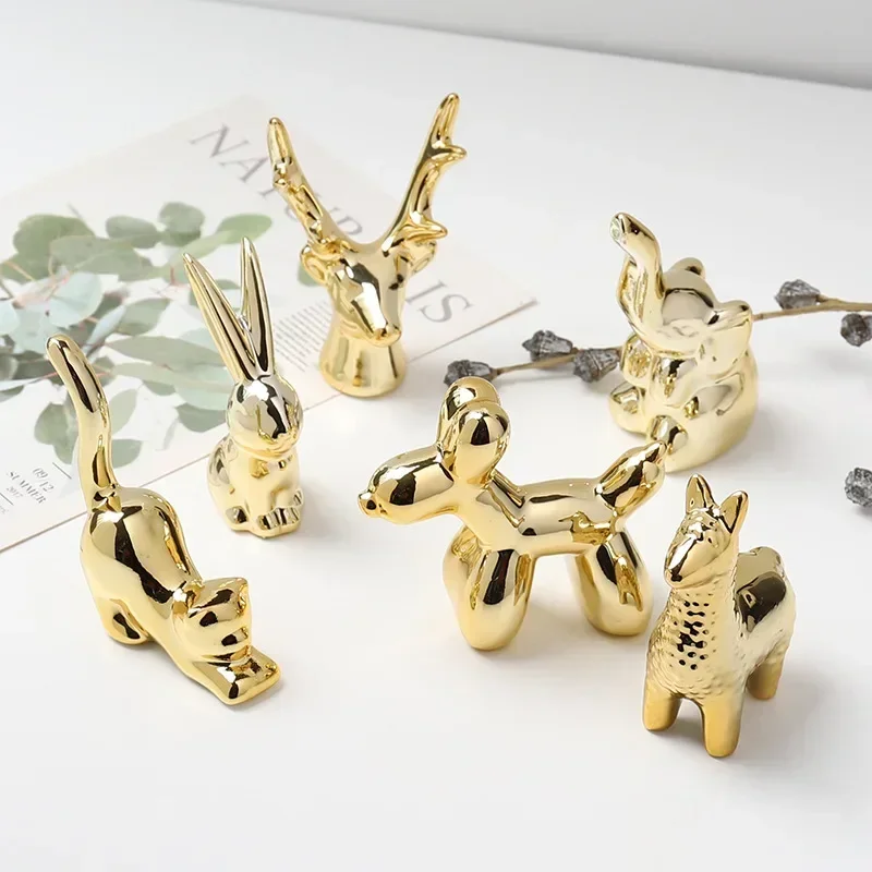 Small Gold Electroplate Ceramic Animal Figurines Swan Alpaca  Dog Cat Rabbit Fox Deer Porcelain Home Desk Decoration Ornaments