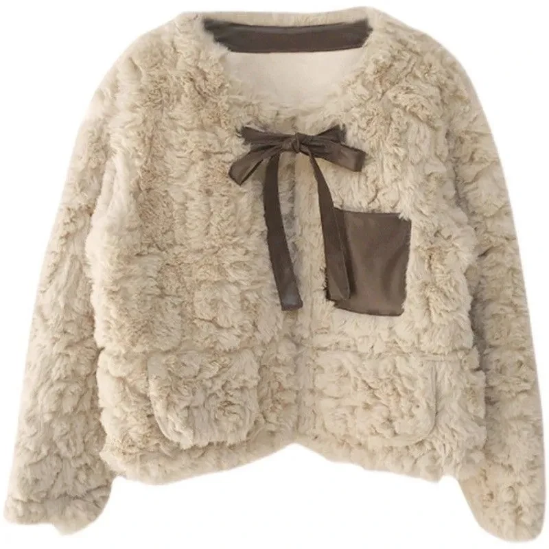 Faionable Korean Sle ort Thiened Lamb Fur Jaet Women's Autumn Winter Plu Rabbit Fur Skin Coat Cact Size