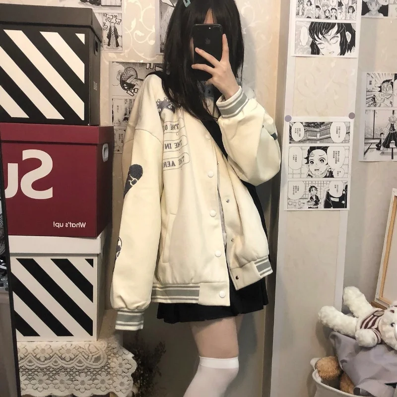 Kawaii Baseball Jackets Women Vintage Y2k Oversizd Bomber Jackets Japanese Style Graphic Coat Female Streetwear Outwear