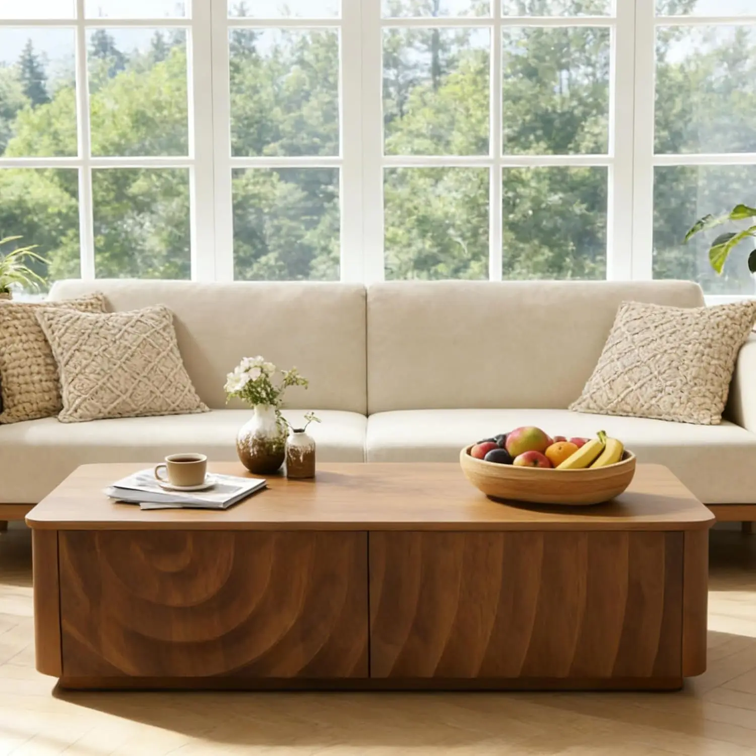 

Журнальный столик из орехового дерева в стиле середины века, 47,2 дюйма, с текстурой «водная рябь», 2 ящика, безопасные закругленные углы, для гостиной и домашнего офиса, на заказ