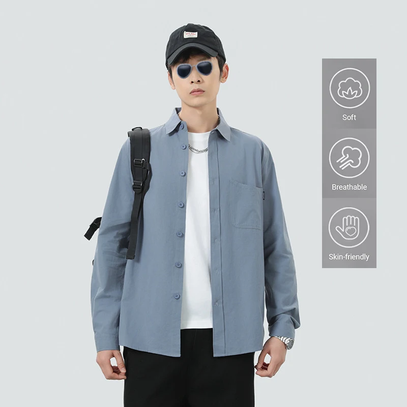 

Мужская однотонная повседневная рубашка с воротником, свободного кроя, 100% хлопок, с длинным рукавом, высококачественная модная верхняя одежда