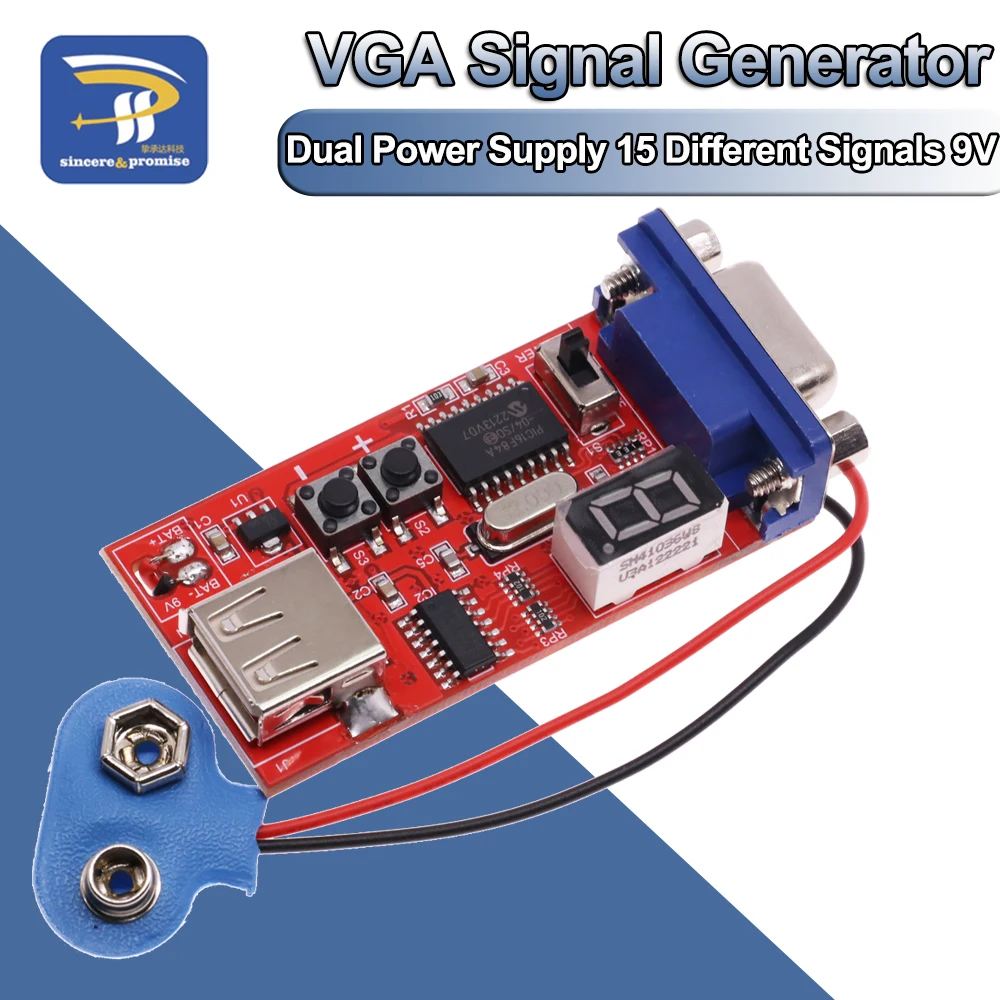 LED digital VGA Signal Generator LCD Tester 15 Different Signals Output USB Battery Dual Power Supply DC 9V Module