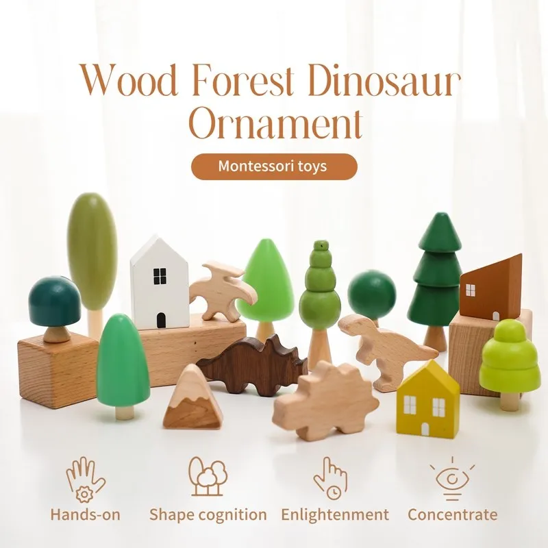 Wooden Building Block Toy for Kids Dinosaur Natural Simulation Tree DIY Coloring Stacking Educational Toy Montessori Puzzle Game