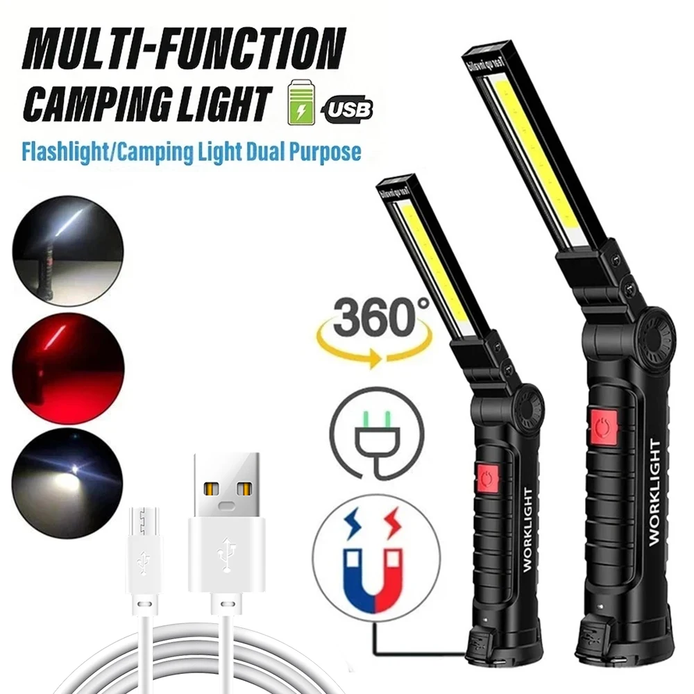 

Рабочий фонарь COB Светодиодный рабочий фонарик с магнитным основанием Перезаряжаемый подвесной крючок 360° ° Поворотный портативный инспекционный светильник для кемпинга