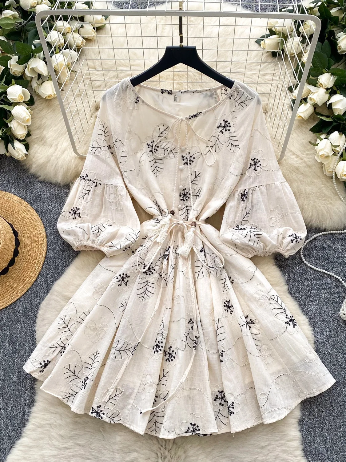 Vestido de Verão Estilo Boêmio com Estampa Floral para Mulheres, Saia Vintage com Cintura Ajustável e Mangas Curtas