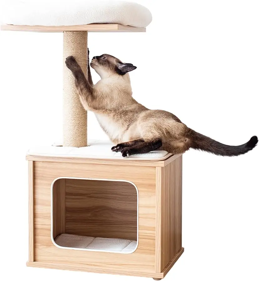 

Catry 29.7" Tall 3 Level Laminated Wood Cat Tree with Large Base Condo, 2 Paded Steps, Natural Jute Scratching Post, Sturdy and