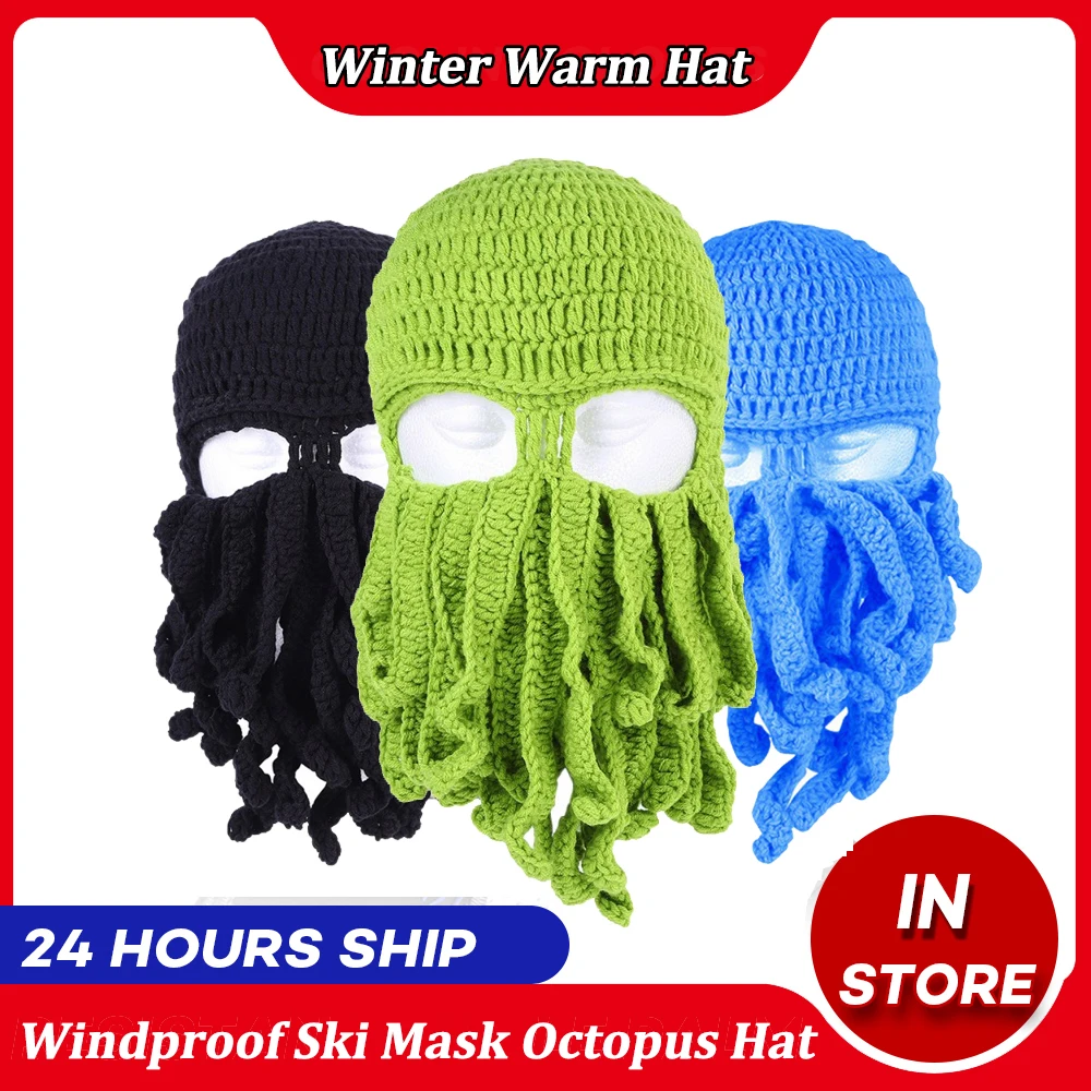 Winter Balaclava Hat Halloween Mask Cap Thermal Octopus Hat Knitted Full Face Cover Ski Neck Gaiter Christmas Funny Mustache Hat