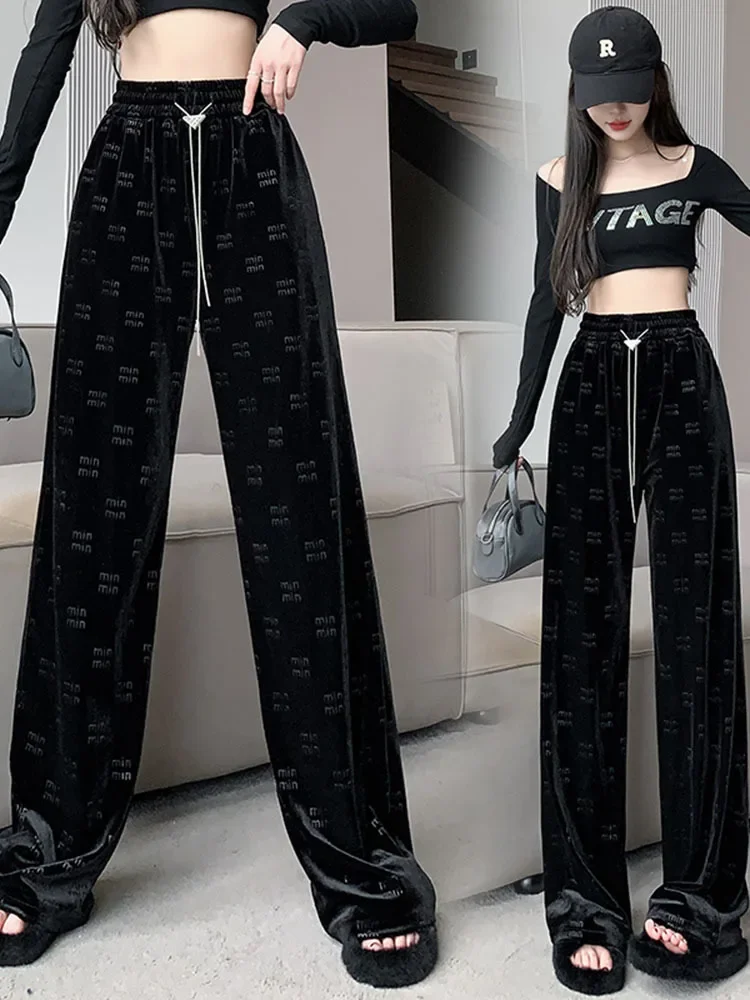 Velour High Waisted Pants Woman Print Wide Leg Belted Comfortable Elastic Waist Black Autumn Winter 2024 Fashion Clothing