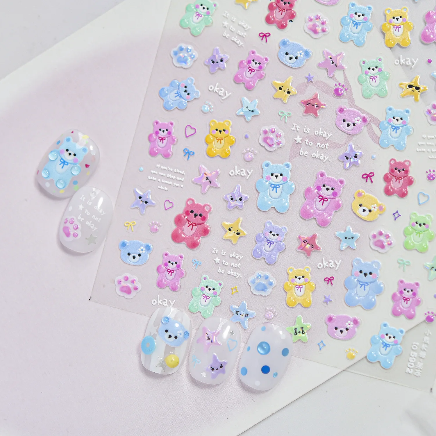 1PCS Macaron Cute Little Bear Gummies Jelly Nail Sticker Cute Star Pattern Design Self Adhesive Nail Art Decoration Stickers DIY