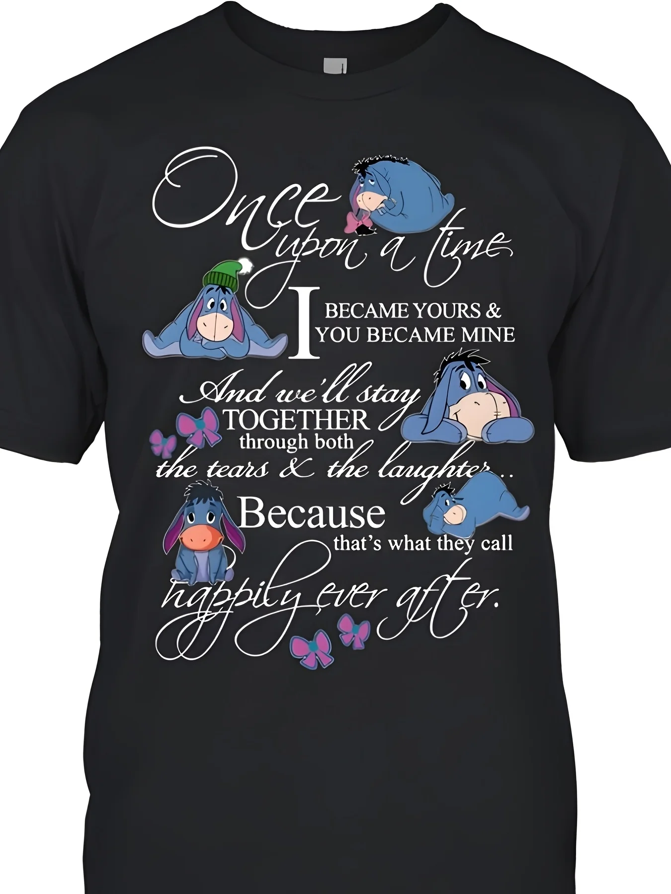 

Disney Eeyore Once A Time Men's and Women's Short sleeved T-shirt - Round Neck Casual Top Couple Love Story