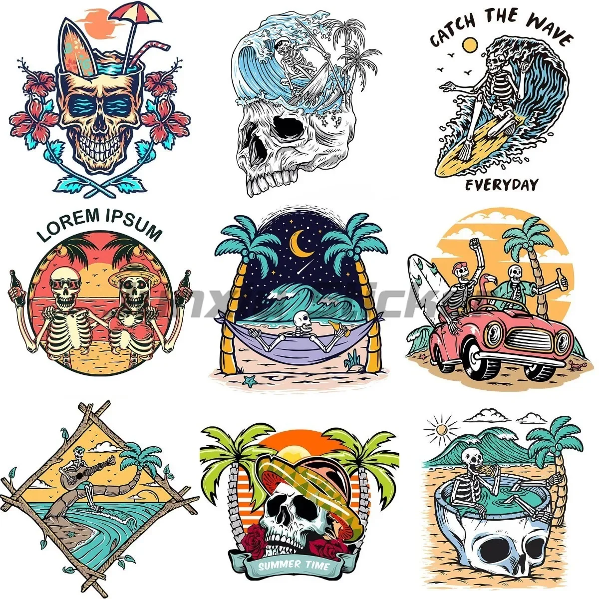 

Skeleton Waves Coconut Tree Summer Sunset Stickers Laptop Truck Car Moto Bumper Refrigerator Decoration Tablet PC Wall Decals