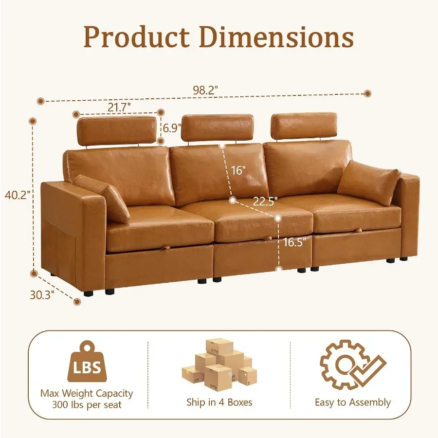 98.2 Faux Leather Modular Sectional Sofa, Oversized 3 Seater Storage Couch with Side Pocket, Modern Sectional Couches for Livin