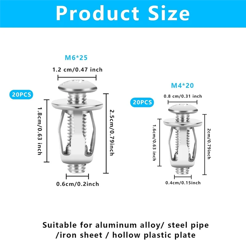 40 Uds. Anclajes y tornillos de puerta huecos, anclas de puerta con núcleo de fijación de cavidad de Metal hueca para hoja de pared hueca de puerta de 0-5Mm-AT64