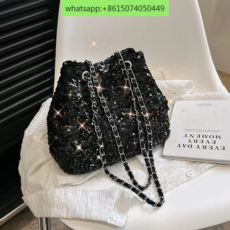 Glitter sequin, bucket bag, foreign style, dinner trend, textured chain, one-shoulder cross-body bag