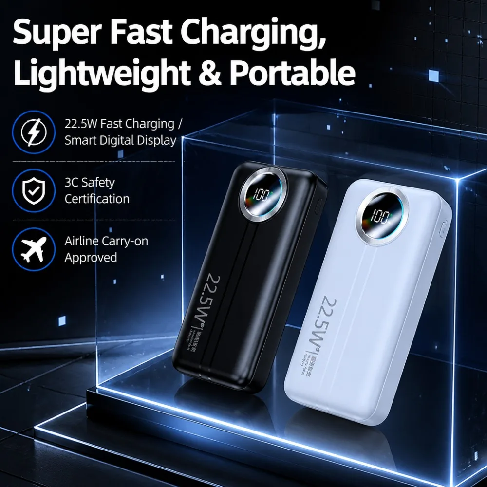 22.5W Super Fast Charging Power Bank Smart Digital Display Lightweight Portable Charger 3C Certified Airline Carry-on power b