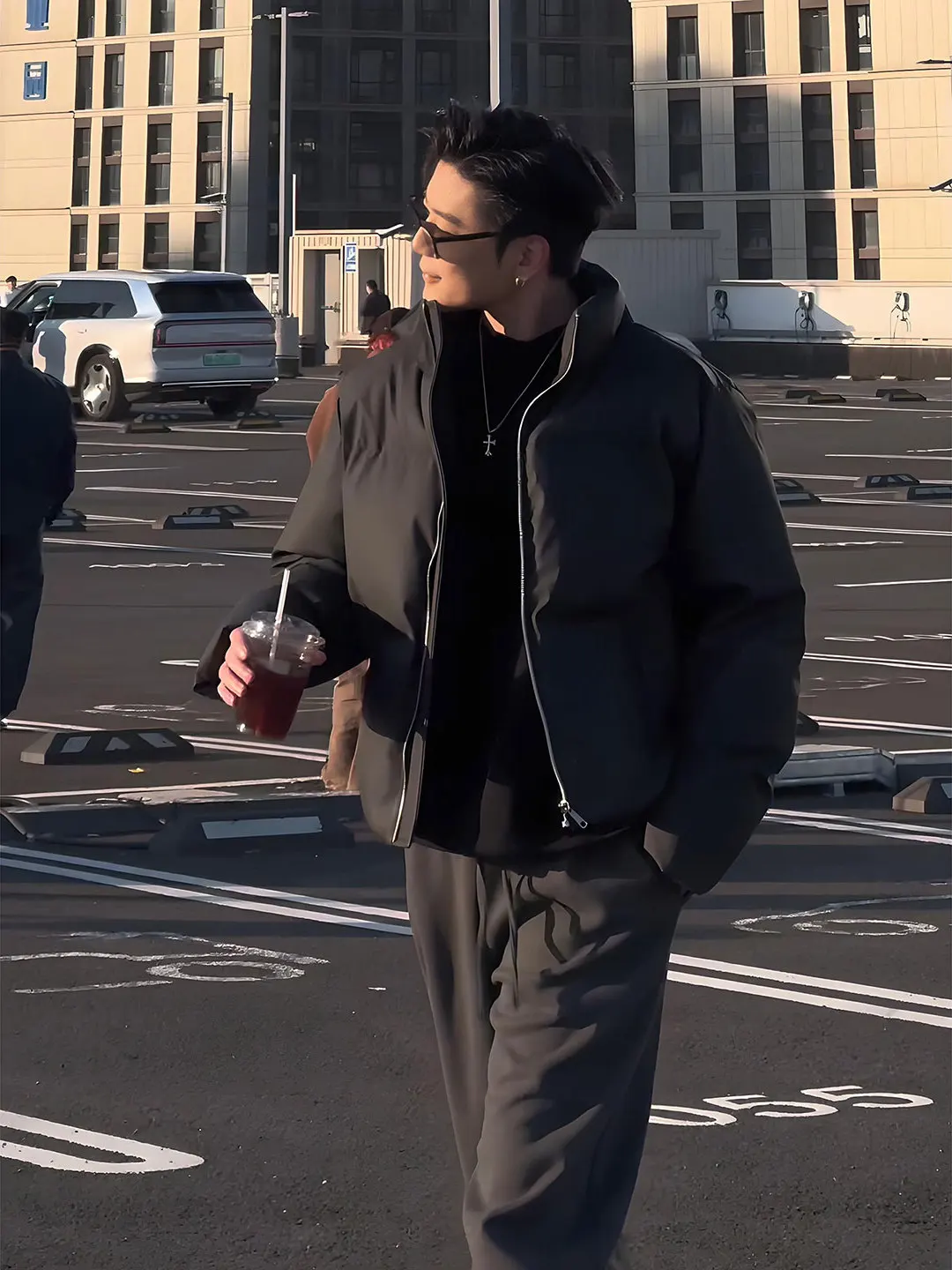 

American Sle Stand Collar PU Leather ort Thiened Cotton Jaet for Men Winter Bla Cleanfit High-End Feeling Cotton Coat