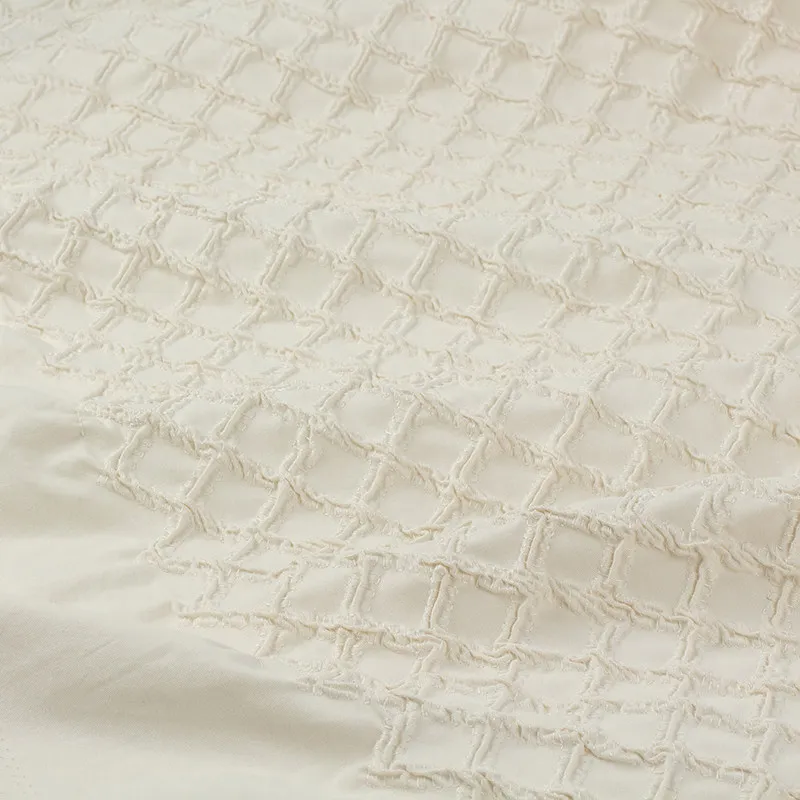 Cream White Square Cutwork Designer Fabric with 3D Fringe Boucle Texture for Artisan Apparel Design and Custom Garment Workshops