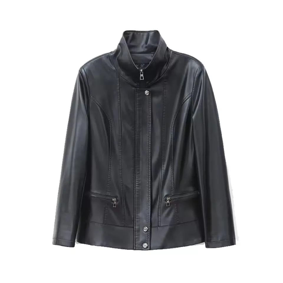 Nuova giacca in pelle da donna autunno inverno moda casual colletto alla coreana fodera in cotone sottile corto cappotto di pelle di pecora capispalla femminile