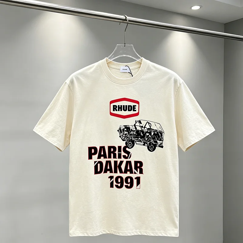 RHUDE Streetwear Short Sleeve Tee Retro Offroad Car Letter Print Casual Crew Neck Tshirt
