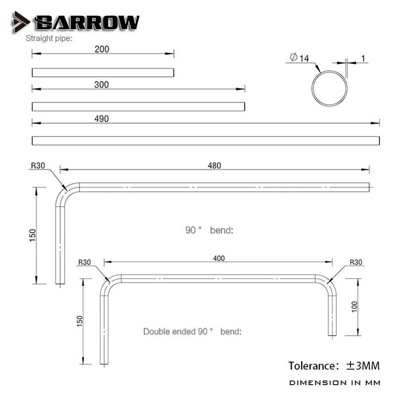 Barrow OD14mm Metal Tubing Chrome-plated Straight / Pre-bending 90° T2 Copper Water Cooling Pipe 200mm 300mm 490mm TG14