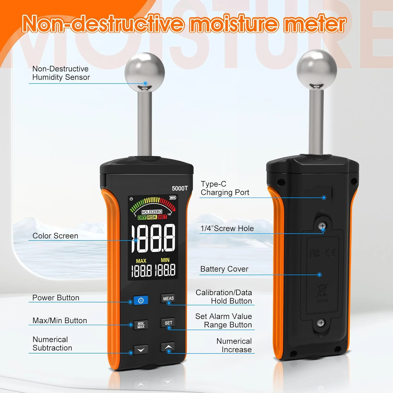 Wood Moisture Meter, Pinless Moisture Meter for wood, Non-contact Wall Moisture Sensor Digital Humidity Tester, 20-40mm,BT-5000T