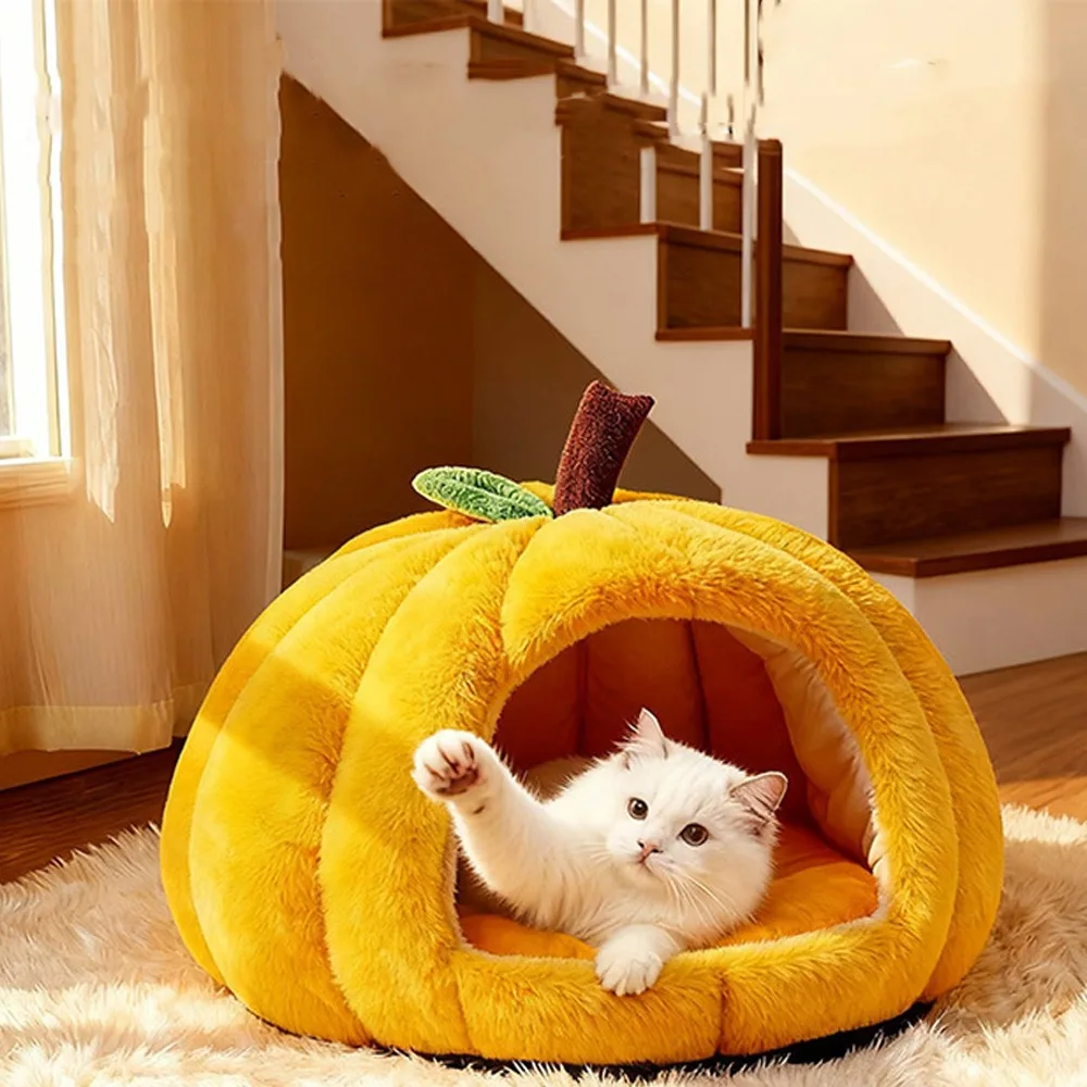 

Plush Pumpkin Cat House Non-slip Semi-enclosed Cat Sleeping Bed Warm Thickened Comfortable Pet Cat Bed For Cats Dogs