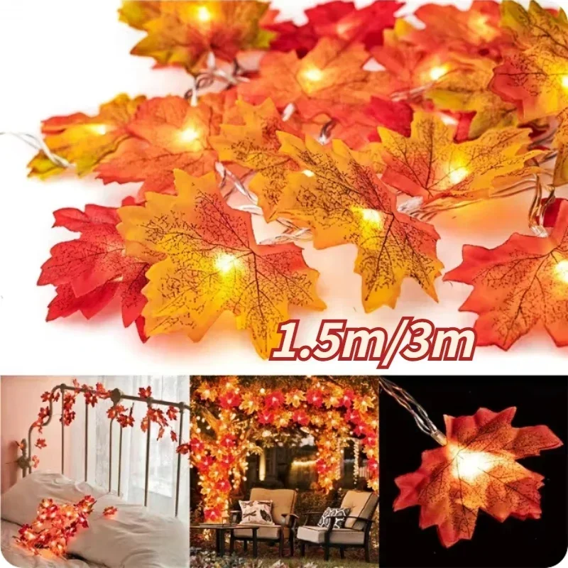 1.5/3/M Christmas Decoration Artificial Maple Leaf Leaves LED Light String Lantern Garland Home Party DIY Deco Halloween New Yea