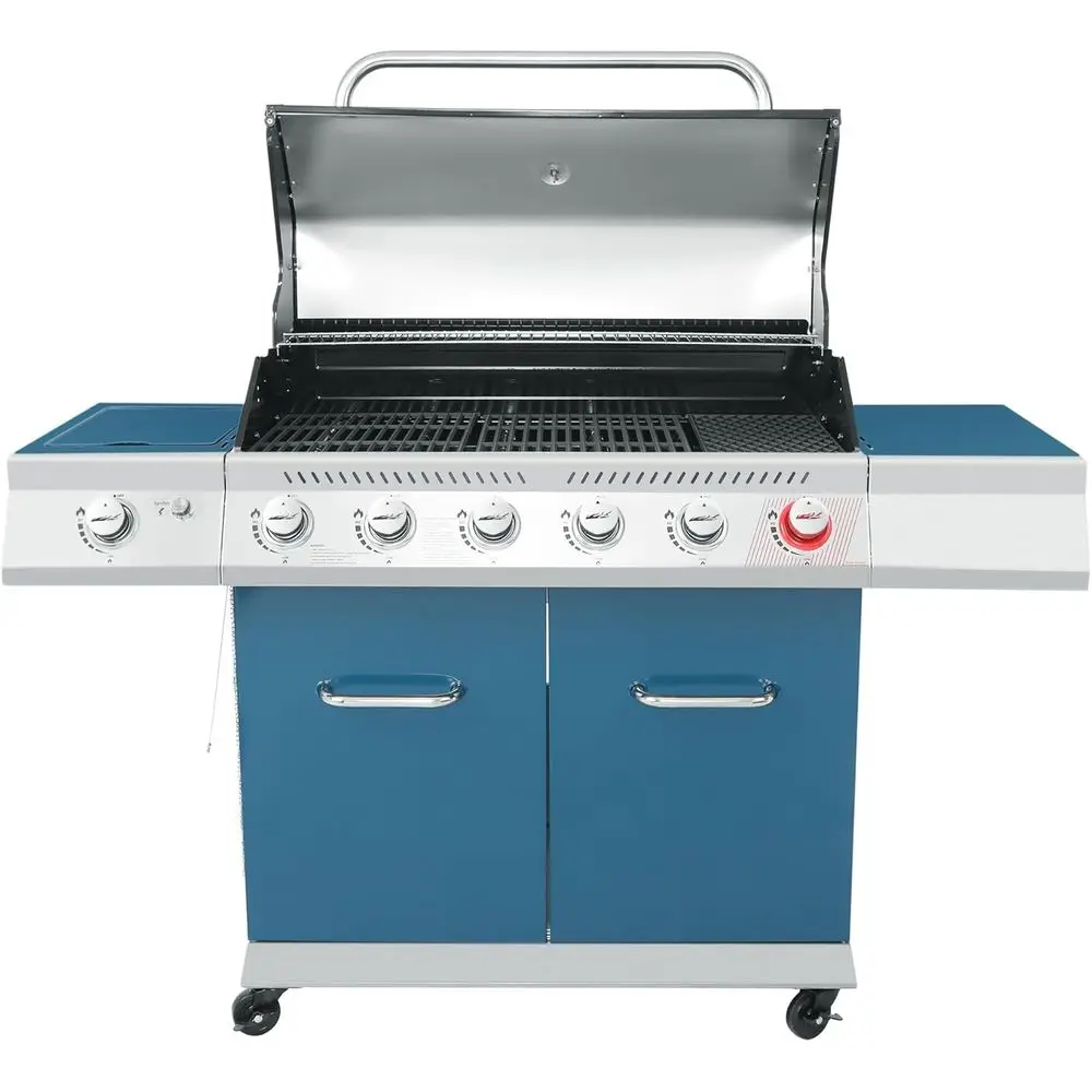 

6-Burner Propane Gas Grill with Side Burner and Warming Rack, 74,000 BTUs, Cabinet Style BBQ Grill for Backyard Cooking, Blue