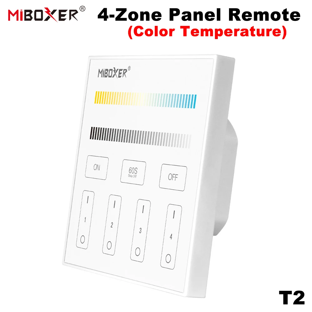 MiBoxer T2 AC100-240V 4-Zone 2.4GHz 86Touch Panel Remote Switch Color Temperature Brightness Controller  For LED Lamp/Strip/FCOB