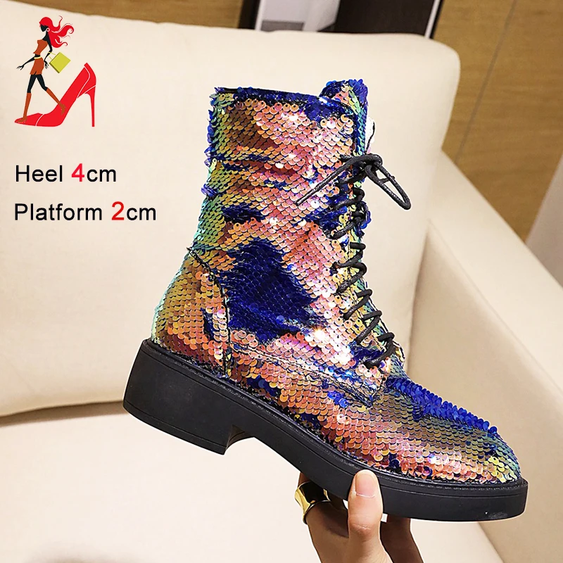 Discoloration Sequined Cloth Short Boots For Women Short Plush Autumn Winter Low Heel Round Toe Shoes Zipper Glitter Ankle Boots