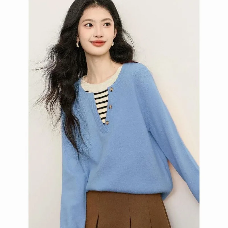 Women Two Piece Striped Splicing Knit Sweater Loose Lazy Pullover Autumn Winter Top