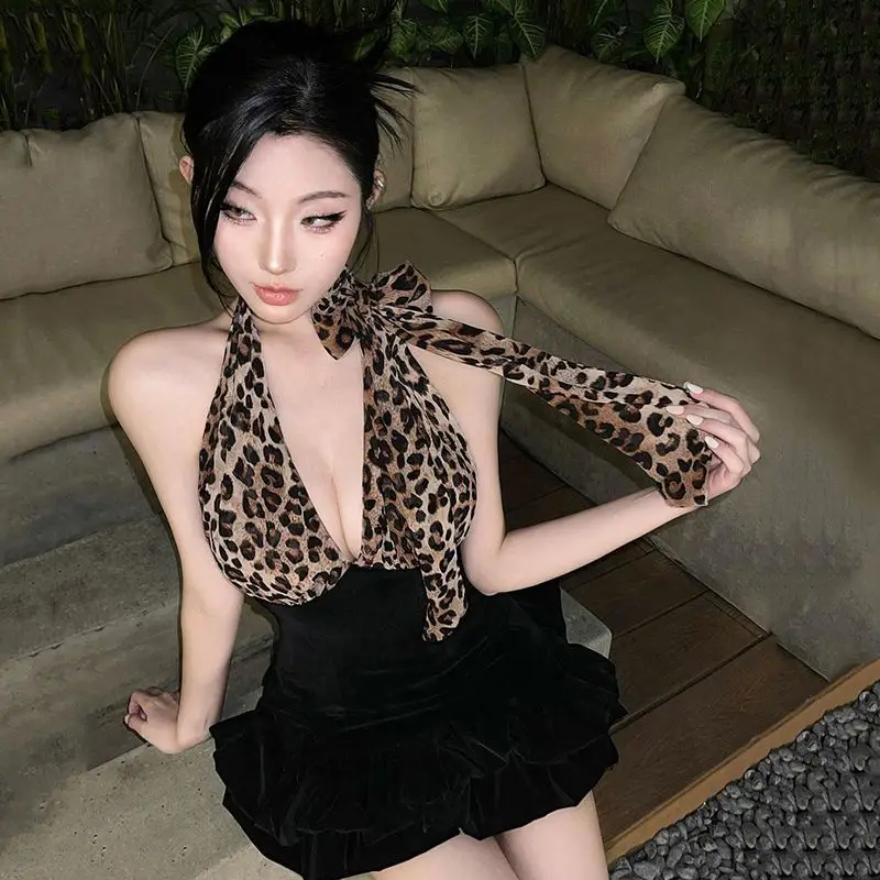 

Leopard Print V-neck Tie Dress Women Socialite Sexy Party Retro Backless Bodycon Wrap Irregular Ruffled Slim Y2k Clothing