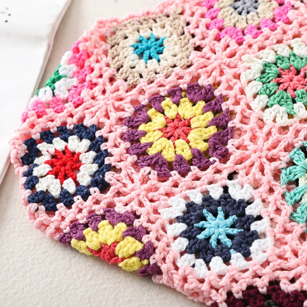 Women Tote Bag Floral Crochet Large Capacity Knitted Bag Trendy Handmade Cut-out Boho Bag Vintage Multicolor Hollow Out Handbag