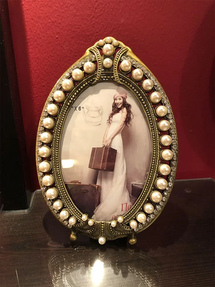 Antique Brass Silver Plating With White Pearls And Clear Rhinestones Jeweled 4x6,5x7 Inch Metal