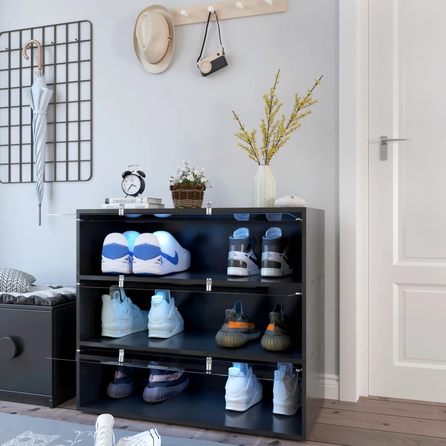 

Black Glass Door Shoe Box Shoe Storage Cabinet With RGB Led Light