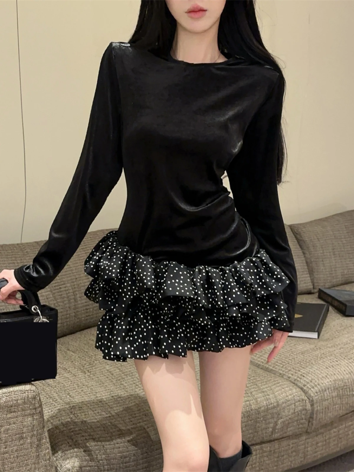 New Splicing Design Velvet Long Sleeve Cake Dress Spring Autumn O-neck Slimming Fit Wave Point Lotus Leaf Edge Short Dresses