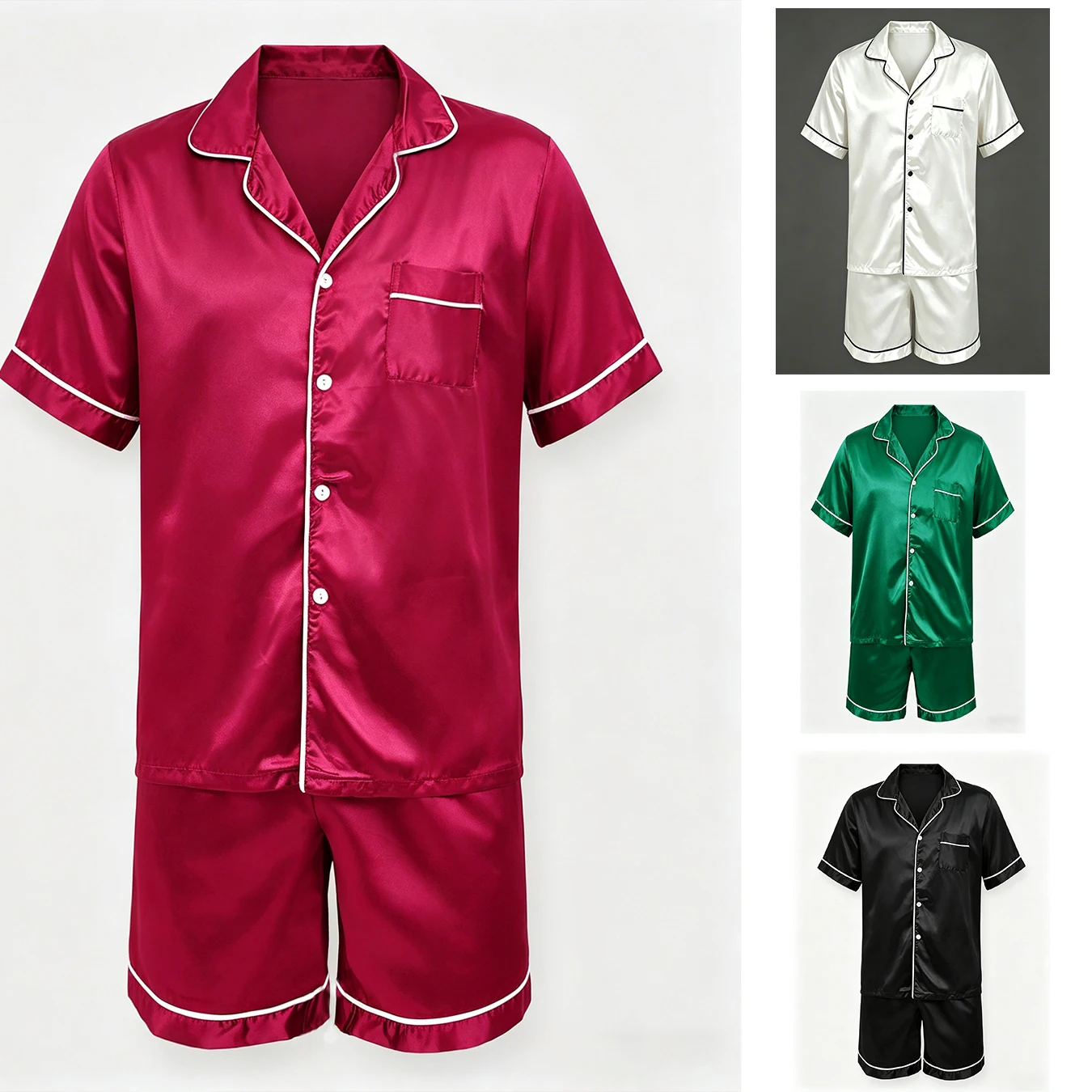 Men's Pajamas Set Summer Sleepwear Set Luxurious Satin Pajamas with Soft Comfortable Short Sleeve Button-Up Top & Shorts Pijamas