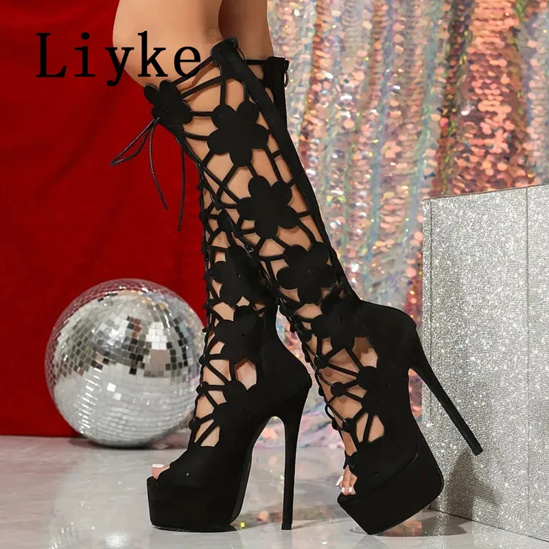 

Liyke Sexy Party Club Stripper Hollow Out Knee High Boots Women Summer Peep Toe Lace-Up Zip Platform Heels Shoes Sandals Black