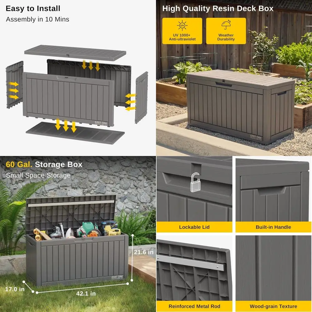 

Всепогодный ящик для хранения на террасе объемом 60 галлонов для садового инвентаря и подушек - с замком, серый