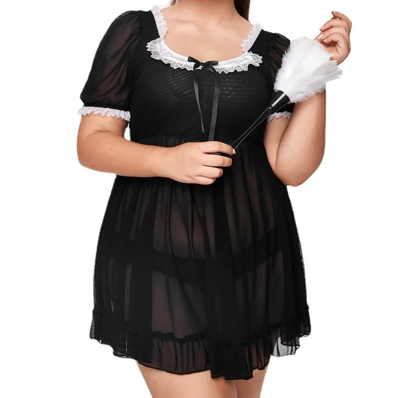 Plus Size Sexy Cosplay Maid Costume Erotic Mesh Babydolls Lingerie Lace Role Play Outfit See Through Mini Dress Summer Pajama