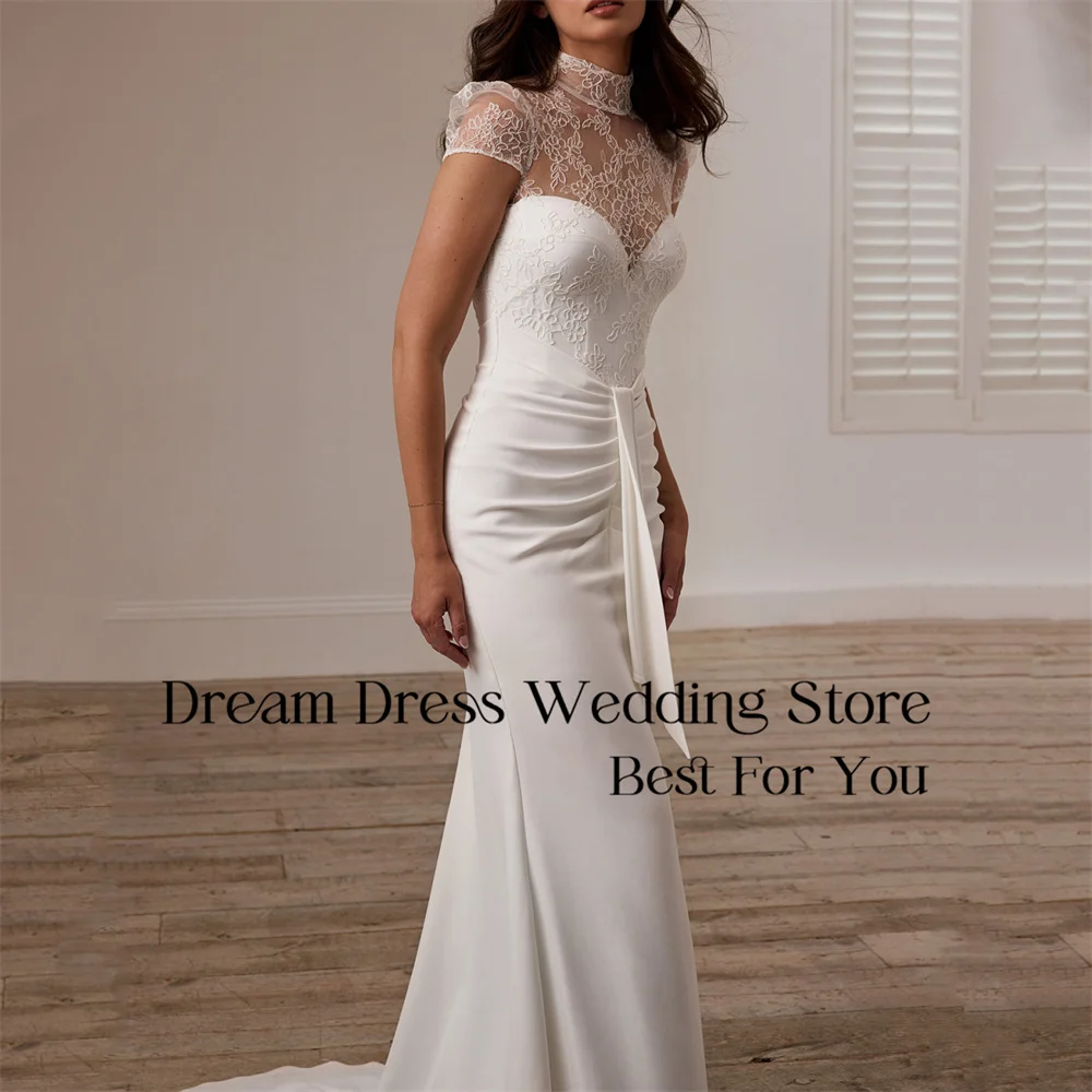 Classic Mermaid Lace Wedding Dress 2025 High Collar Pleat Illusion Back Applique Bridal Gown Train Vestidos De Novia Customized