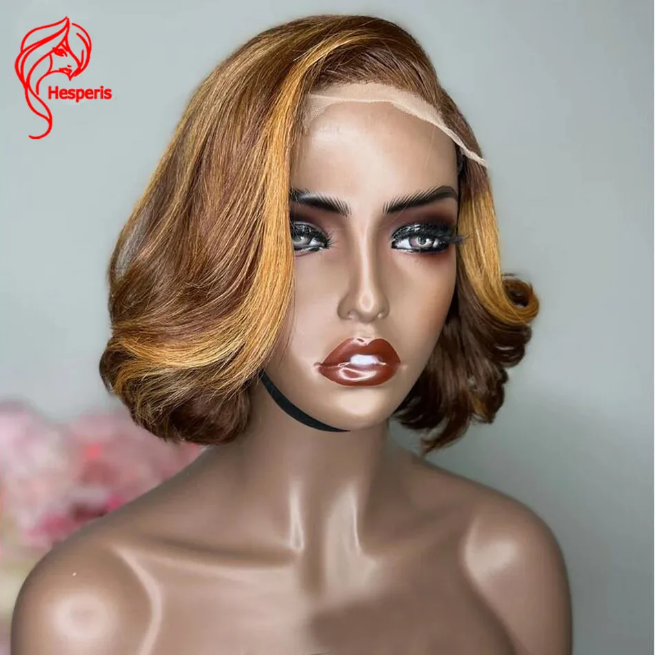 

Hesperis Short Bob Cut Human Hair Wigs Bleached Knots Brazilian Remy Lace Front Wig Blonde Highlight Brown Short Wave For Women