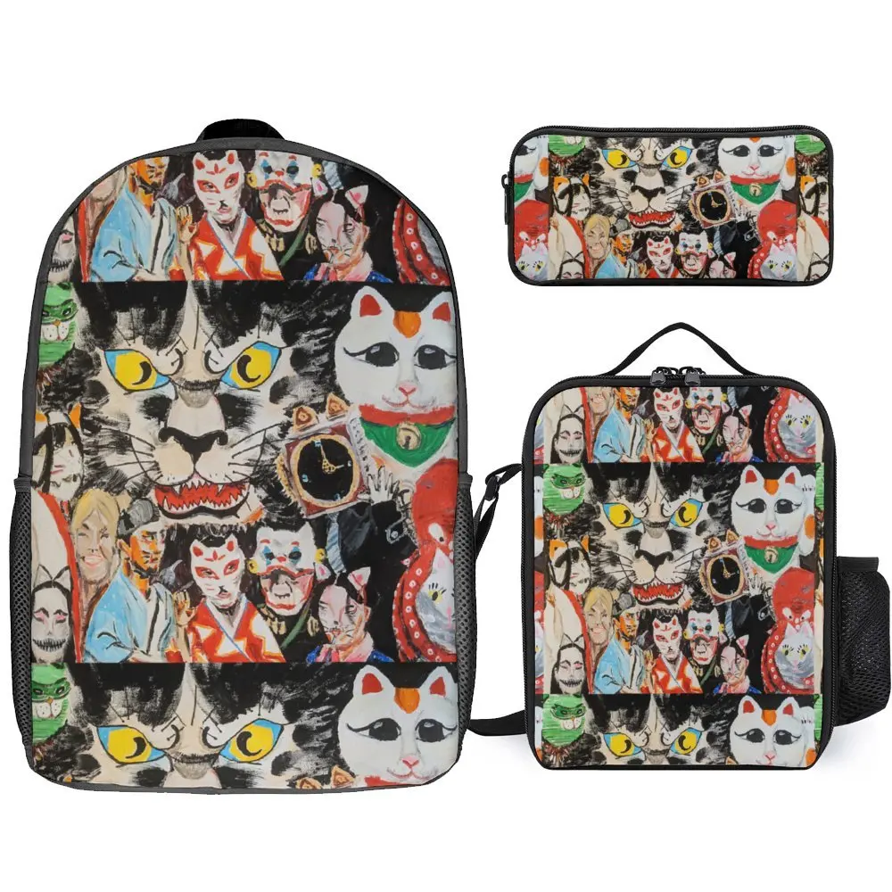 

Bakeneko Yokai Demon Festival For Sale 3 in 1 Set 17 Inch Backpack Lunch Bag Pen Bag Travel Casual Graphic Secure Field Pack Sn