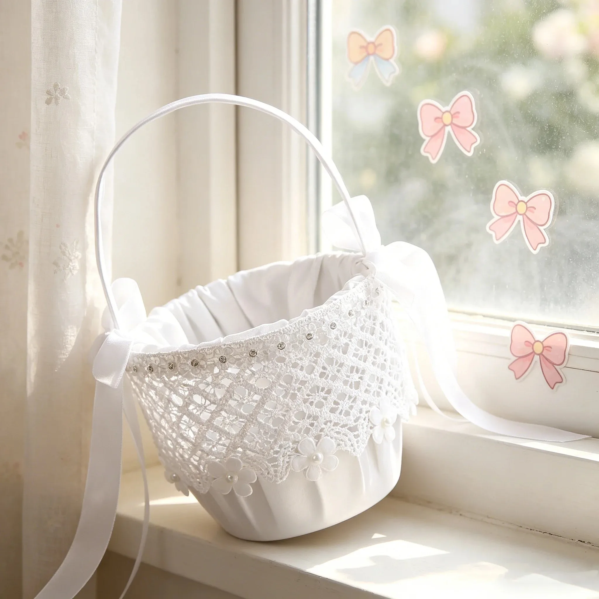 White Satin Handheld Basket  Trim, Pearl Floral Appliques,  Multi-Purpose Storage & Wedding Flower Girl Basket
