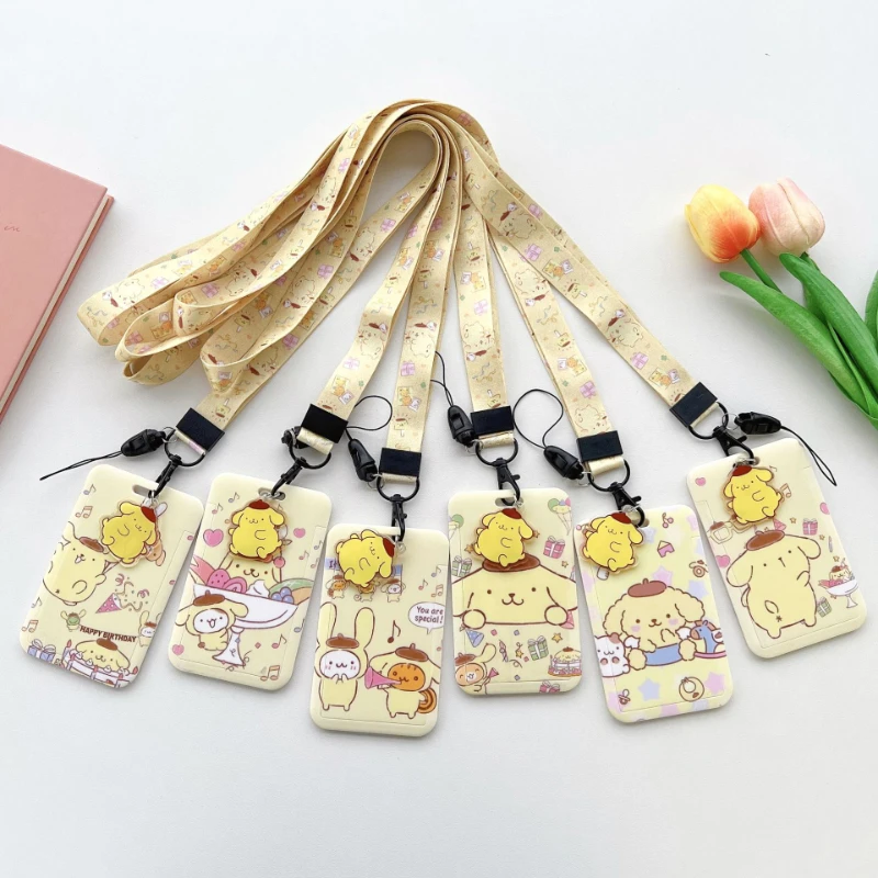 Sanrio Series Pom Pom Purin Badge Long Rope Card Holder Student Protection Card Access Control Bus Card Holder Cartoon ID Holder