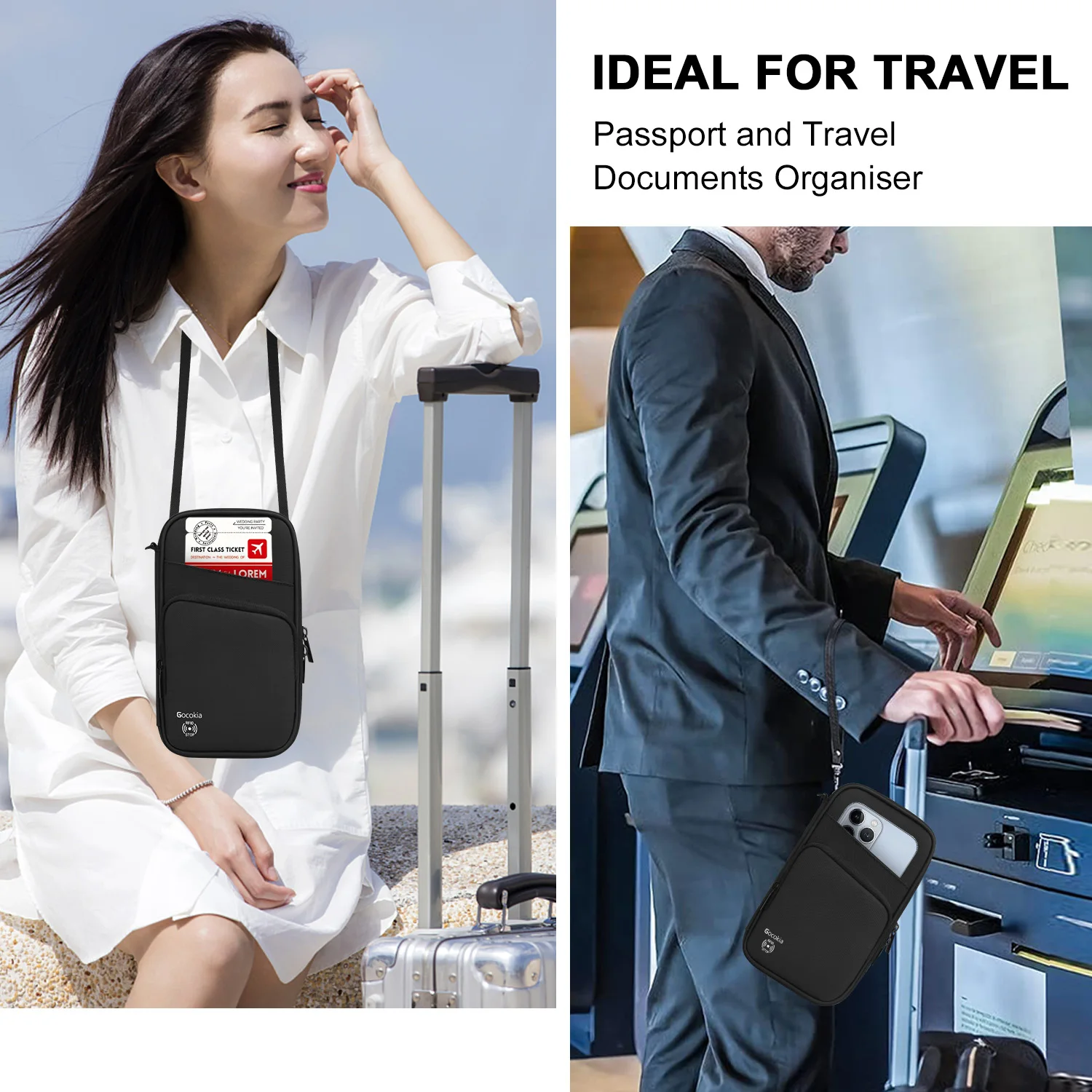 Reisepasstasche mit mehreren Taschen, Reisebrieftasche mit Schultergurt, Familienpasshülle mit 5, RFID-blockierende Reisepass-Geldbörse für Herren W – Detail 5
