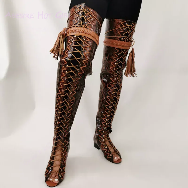 Brown Snake Print Thigh Boots Women Flats Autumn Black Leather Round Toe Pants Tie Tassel-Tie Zipper Booties Cool Fashion Shoes